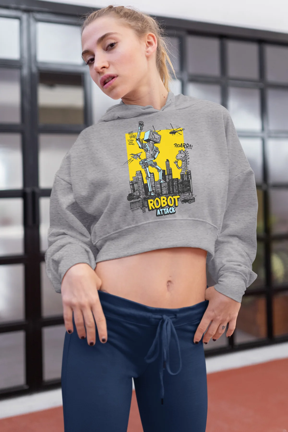 Серая Короткая Толстовка с капюшоном Angemiel Wear Robot Attack | Женская одежда