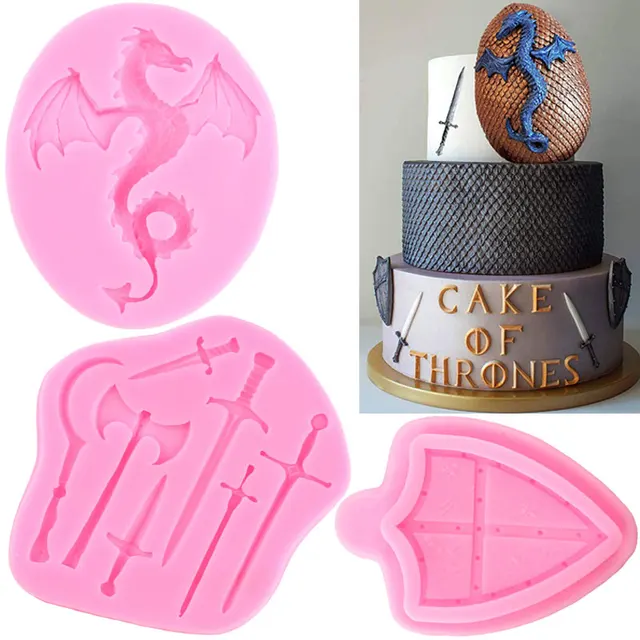Sárkány Szilikon Penész Kard Pajzs Csata Fondant Baba Születésnapi Torta Dekorációs Szerszámok Cupcake Süti Sütés Csokoládé