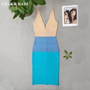

LEGER BABE New Autumn Color-Block Rayon Bandage Dress Sexy Sleeveless Deep V Neck Bodycon Women Vestidos HL