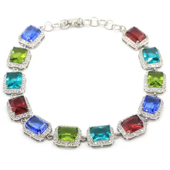 

14x11mm Multi Color Created 22.8g Created Peridot Aquamarine Tanzanite White CZ Gift For Woman's Silver Bracelet 8.5-9.0inch
