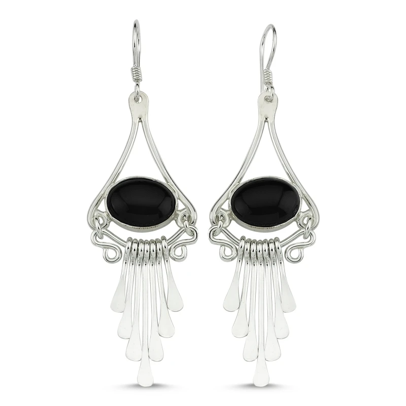 

Silver 925 Sterling Onyx Gemstone Dangle Hand Handwork Earrings