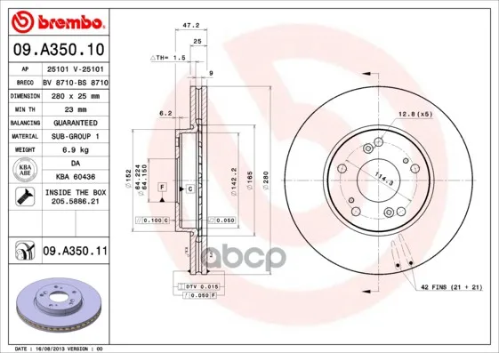 Диск Тормозной Передн Honda: Accord Euro Viii 03-, Accord Viii 03-, Accord Viii Tourer 03- Brembo арт. 09.A350.10