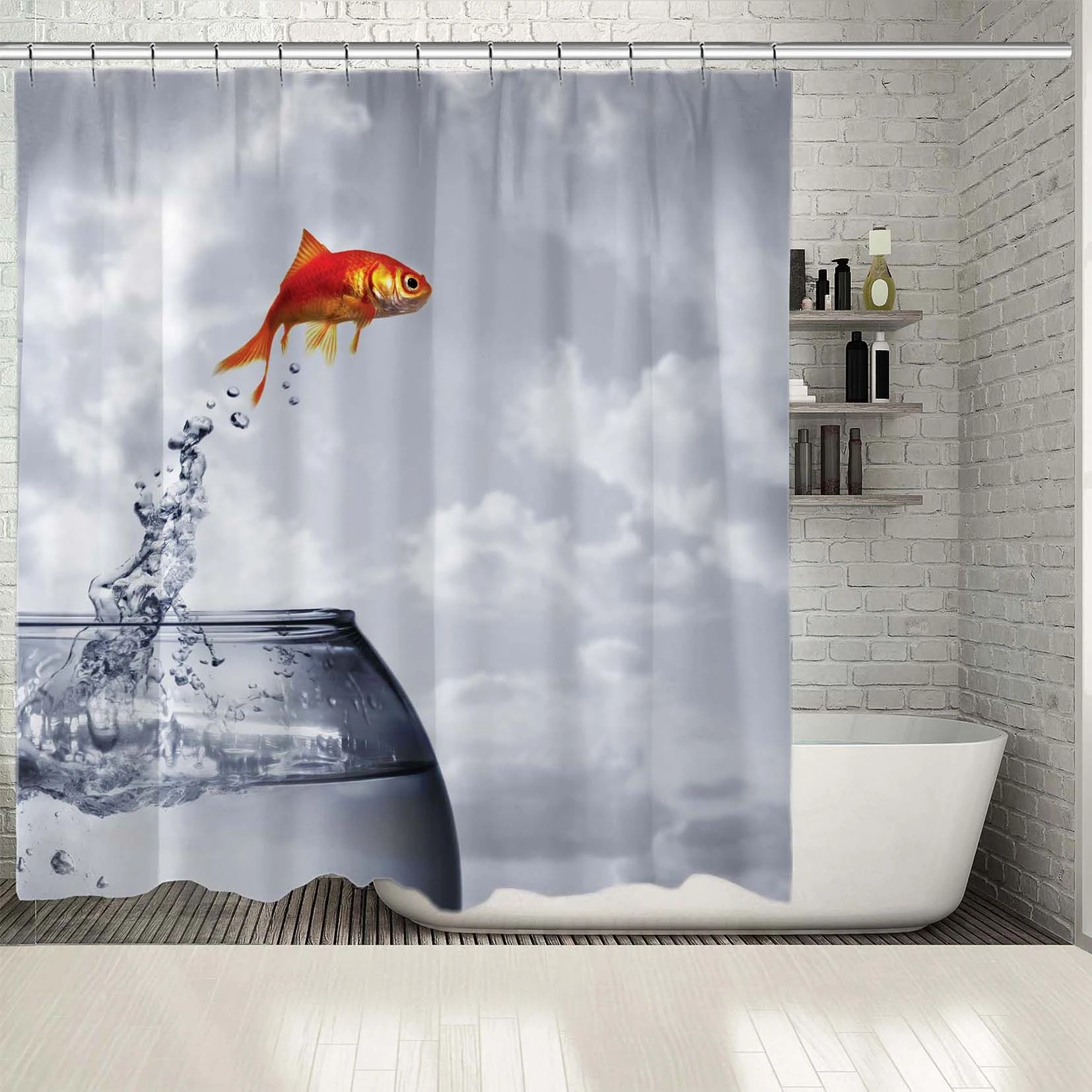 シャワーカーテン金魚グレー曇り空金魚鉢の水の飛び出しフォトプリント Shower Curtains Aliexpress