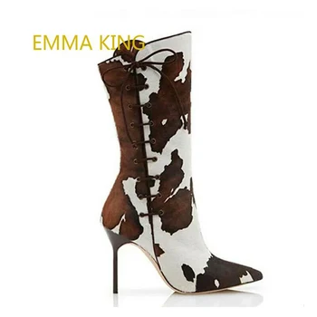 

New Fashion Mixed color Cowboy Mid Calf Boots for Women Winter Cross-tied High Heel Short Boots Print Western Cowgirl Boots 2020