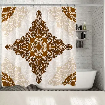 

Shower Curtain Damask Pattern Classic Decoration Geometric Floral Artistic Print White Brown Mustard