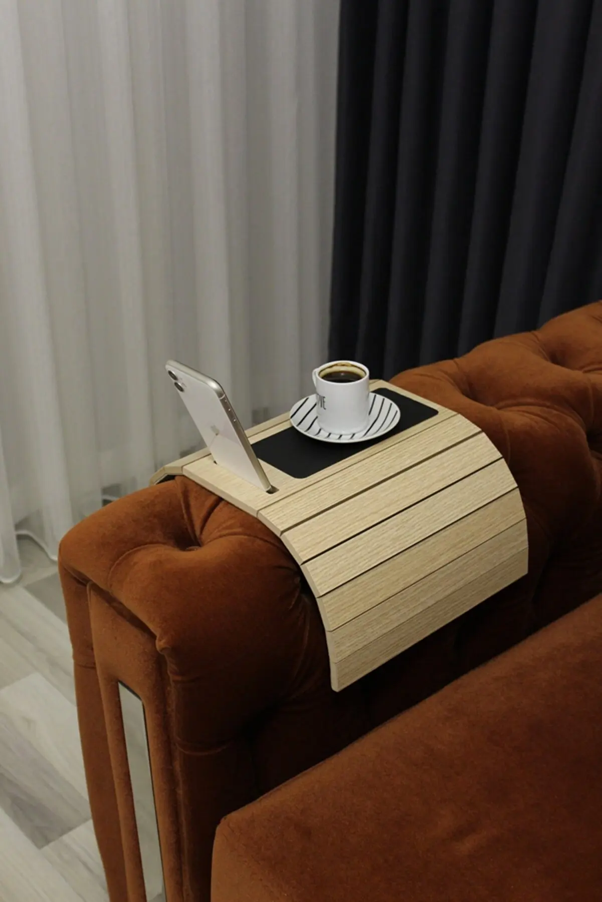 Wooden Side Table With Phone Stand Sofa Tray Mat 50x28 cm Placemat Center Leather Decorative Armrest  Non Slip Folding Design