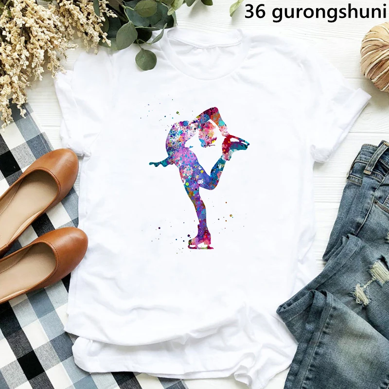

2022 Hot Sale Watercolor Roller Skating Print Tshirt Girls Harajuku Kawaii Clothes Summer Fashion T-Shirt Women Short Sleeve Tee