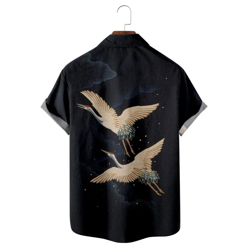 black short sleeve button up 3D night sky red-crowned crane ancient style printing casual retro men's and women's spring and autumn short-sleeved shirts blue short sleeve shirt