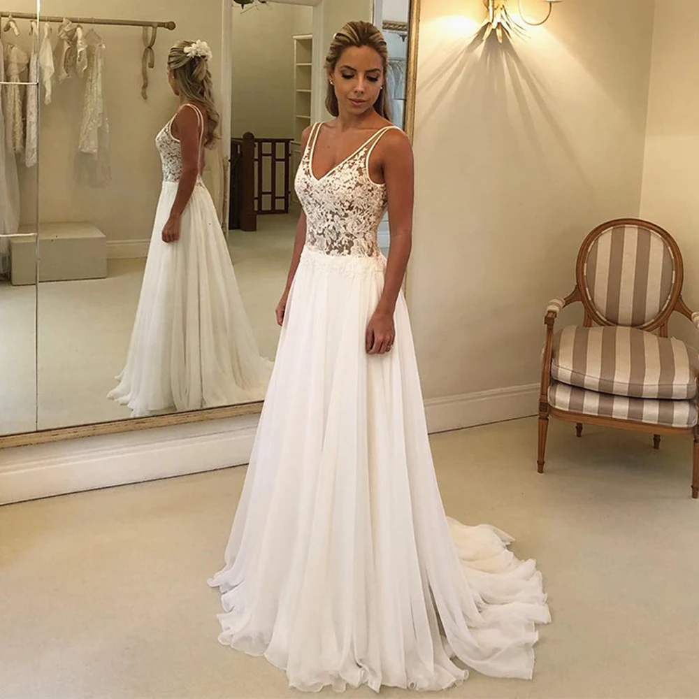 

Alagirls 2020 Summer Beach Wedding Dress Chiffon Embroidery Backless A-Line Boho Bridal Dresses Court Train Wedding Gowns