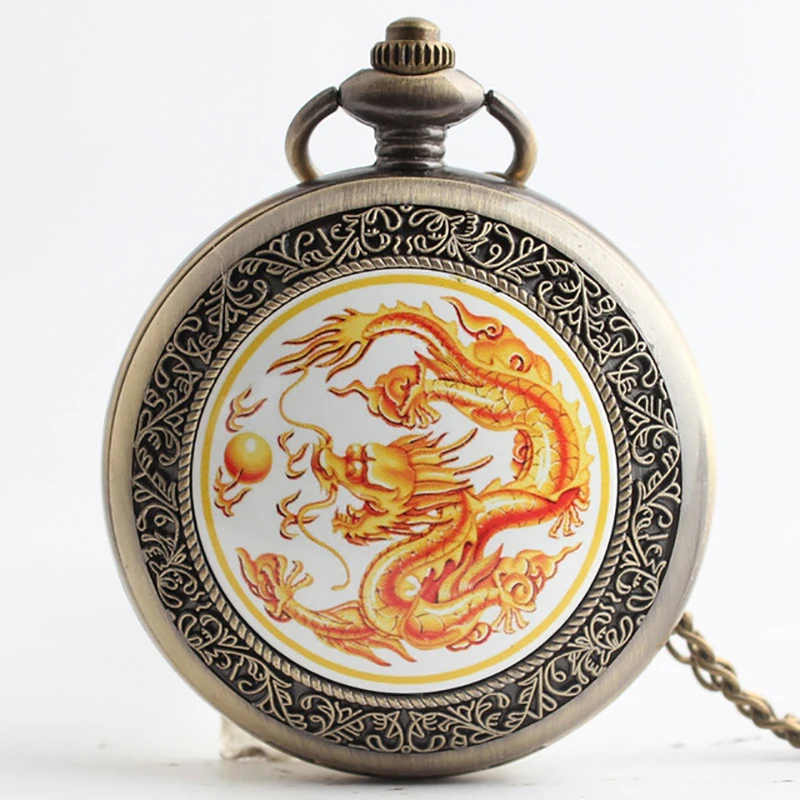 

Orange Chinese Dragon Quartz Pocket Watches Theme Full Hunter Engraved Fob Retro Pendant Fob Chain Gift for Men Women PB631