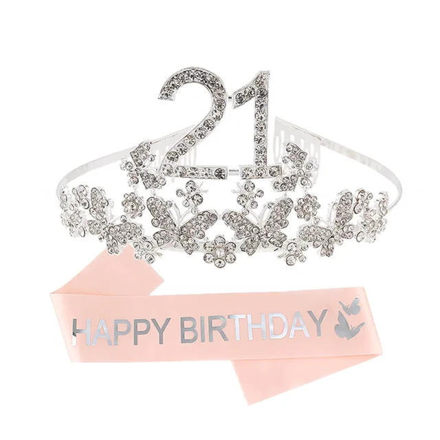 10th 13th 16th 18th 21st Birthday Sash and Crown for Girl Silver Crystal Tiara and Satin Sash Birthday Party Decoration Supplies 21 year old