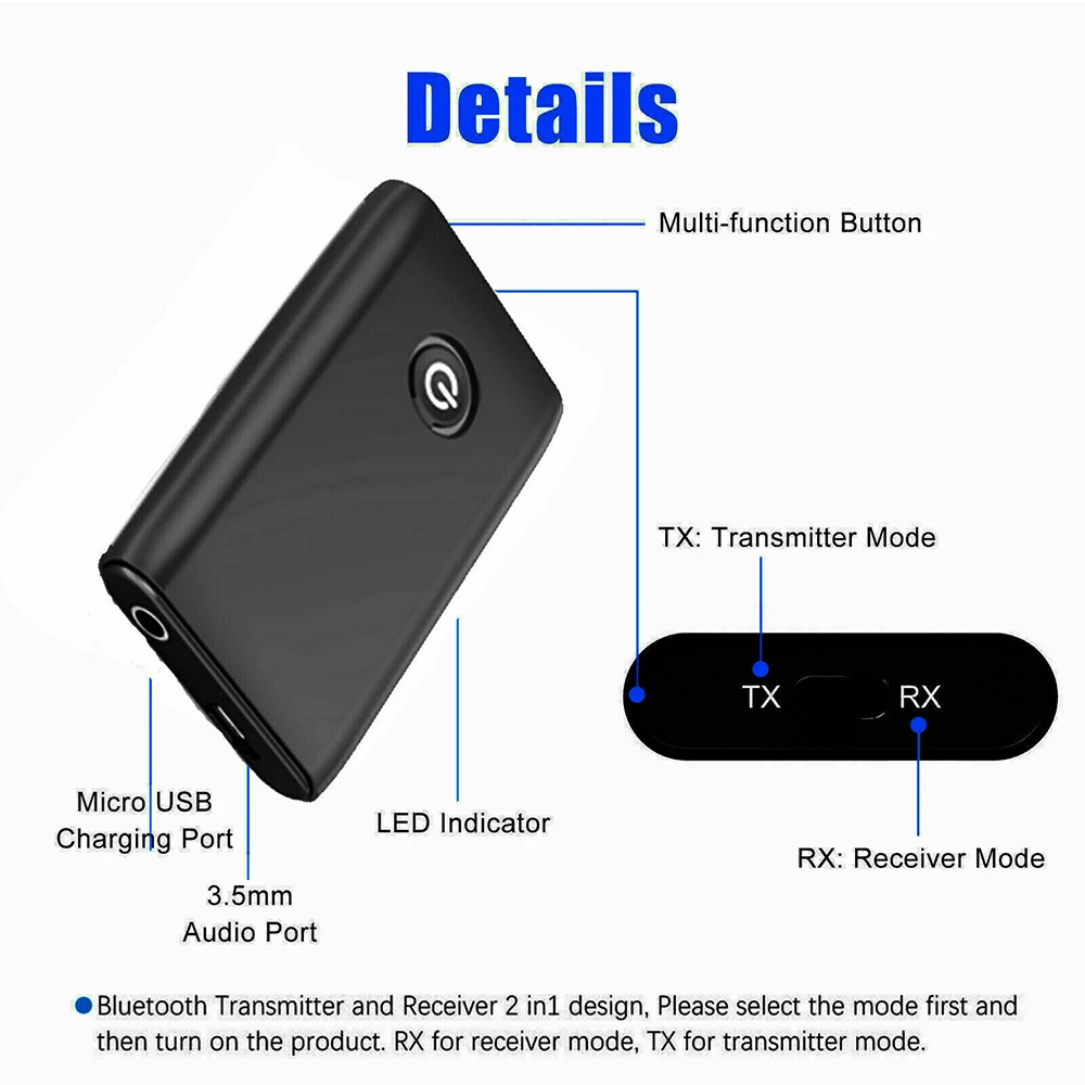 2 in 1 Bluetooth 5 0 Transmitter Receiver Wireless Hifi Music Audio 3 5mm Jack USB Aux Adapter Stereo Headphones for Car PC TV