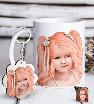 

Personalized Female Child Artistic Portrait Design White Mug and Keychain Gift Seti-3