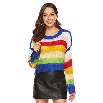 

NiceMix Rainbow Striped Sweaters Women Clothes 2019 Autumn Winter Knitted Jumpers Fashion Causal Knit Pullover Female Tops