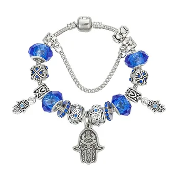 

Angemiel Blue Murano Fatma Master Hand Evil eye bead Charm Bracelet