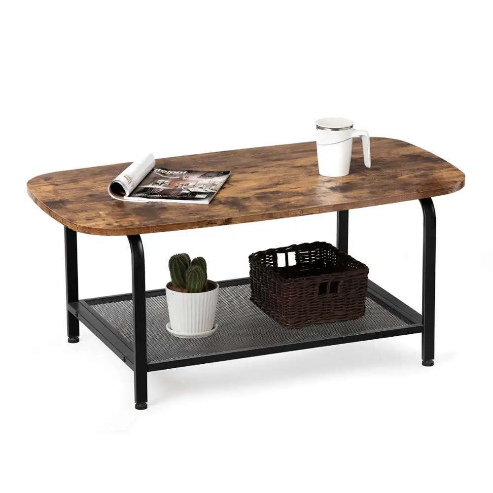 

Oval Coffee Table with Storage Shelf Steel Frame Industrial Cocktail Table for Living Room Wood Look Accent Furniture