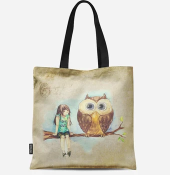 

Reusable Shopping Bag Eco Women Handbag Foldable Beach Bag Daily Use Shoulder Bag Casual Canvas Owl Pattern Printed