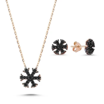 

Kutaydan Black Zircon Cubic Zirconia Snowflake 925 Sterling Silver Set Made in Turkey