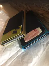 ¡BONAMIE caliente! Fundapara tarjeta de crédito, soporte billetera de aluminio con bolsillo trasero elástico RFID delgada billetera de Metal soporte de tarjeta de identificación de negocios