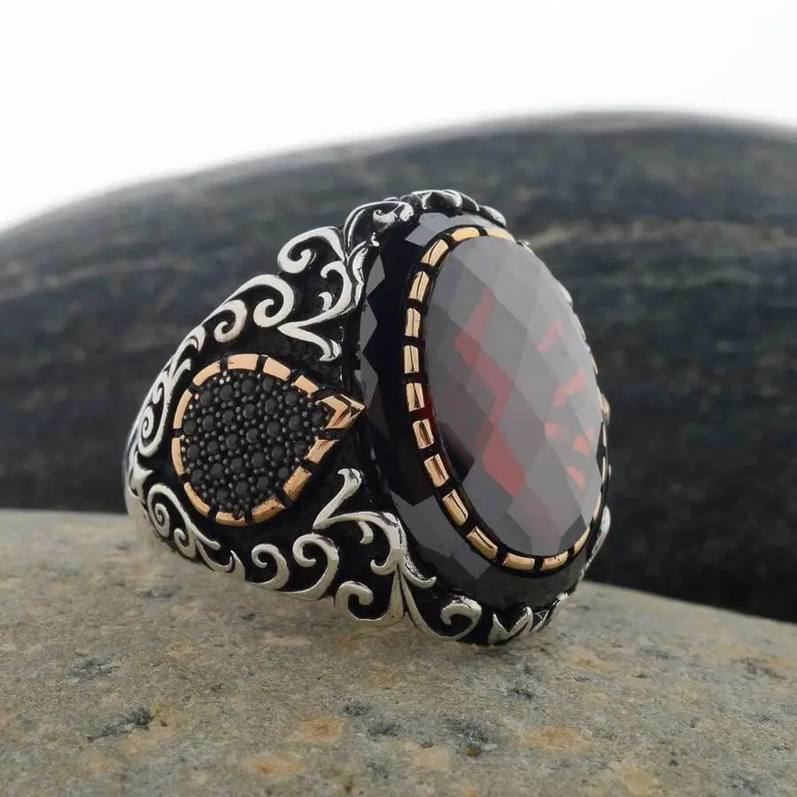 

Facet Cut Red Zircon Silver Ring with Drop Figure Vintage Handmade Vintage Men Jewelery Made in Turkey Men For Gifts