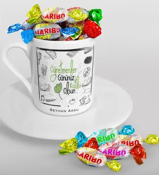 

Personalized Teachers Present-Day Happy Turkish coffee Cup and Haribo Candy Gift Seti-8