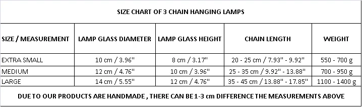 SIZE CHART OF HANGING LAMPS