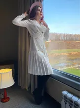 Dress Women Pleated-Belt Patchwork-Bottom Simplee Long-Sleeve Midi Notched Vintage Autumn