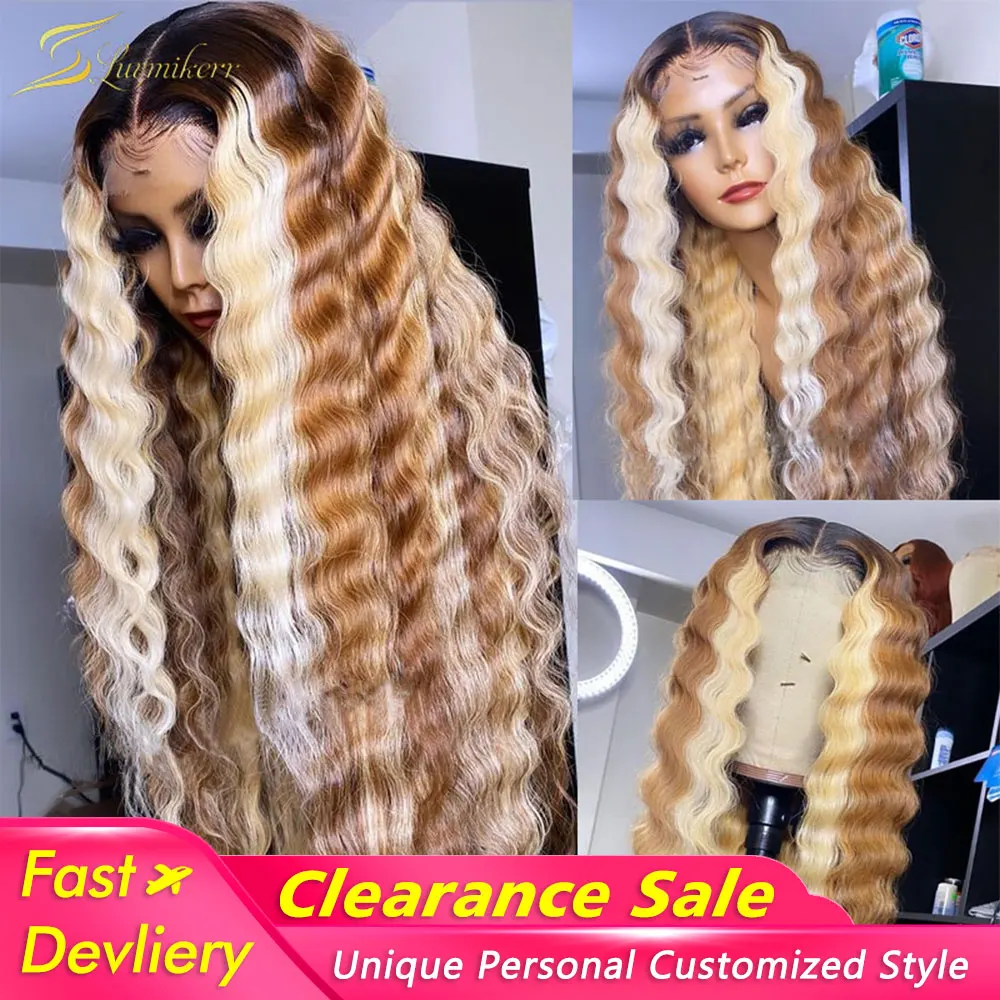 Hot Products! Ombre Blonde Highlight Colored Human Hair Wig Deep Wave 613 Lace Frontal Wig Full PrePlucked Brown 13x6 Lace Front Wig For Women