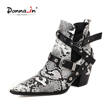 

Donna-in 2020 Rivet Belt Buckle Women Boots Snakeskin Pattern New Fashion Winter Western Thick Heel Boot Female Shoes Large Size