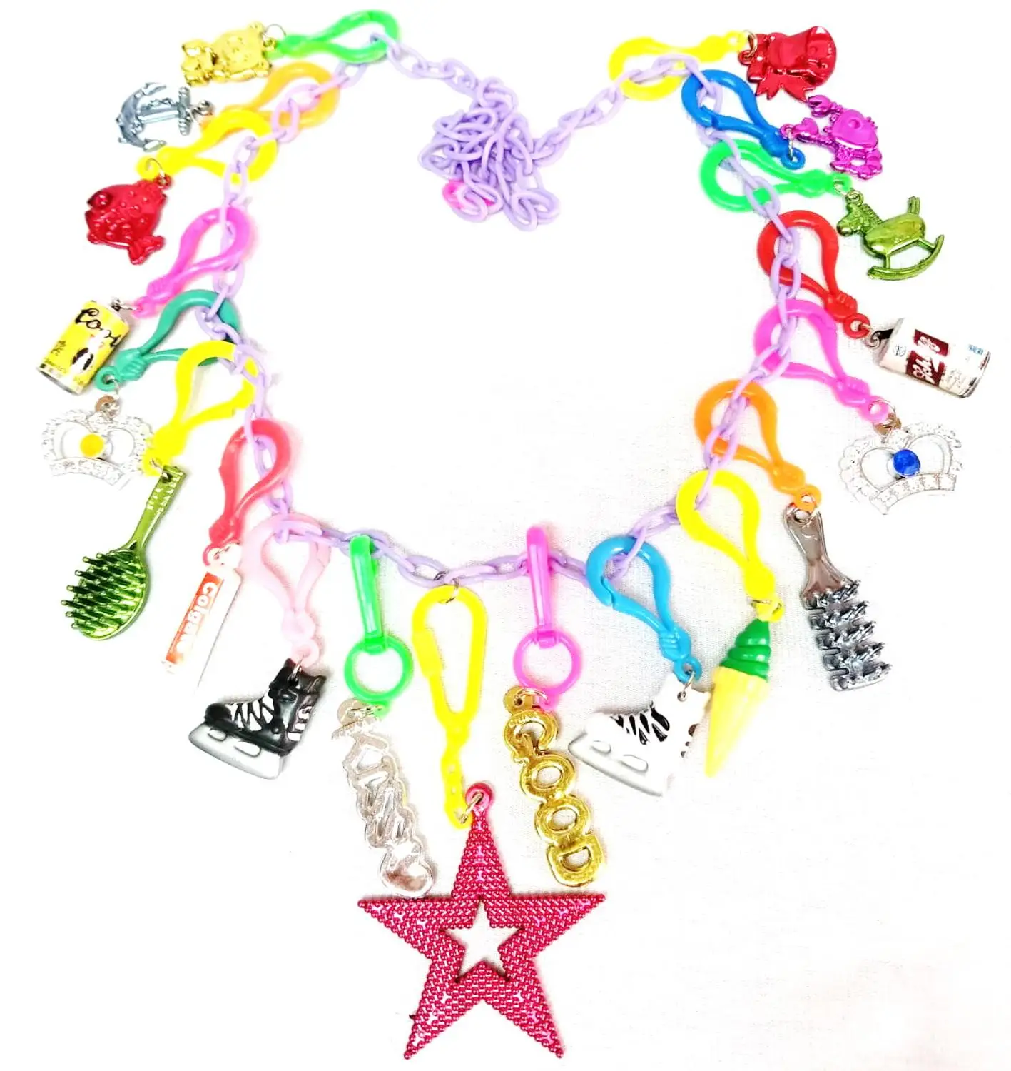 

VINTAGE Plastic Charms-M 19 Charms 80cm Necklace Retro Fashion Jewellery Chain Chip