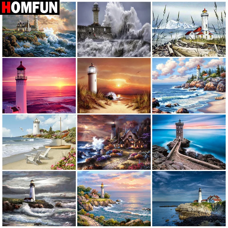HOMFUN 5D Diamond Pattern Rhinestone Needlework Diy Diamond Painting Cross Stitch "lighthouse scenery" Diamond Embroidery