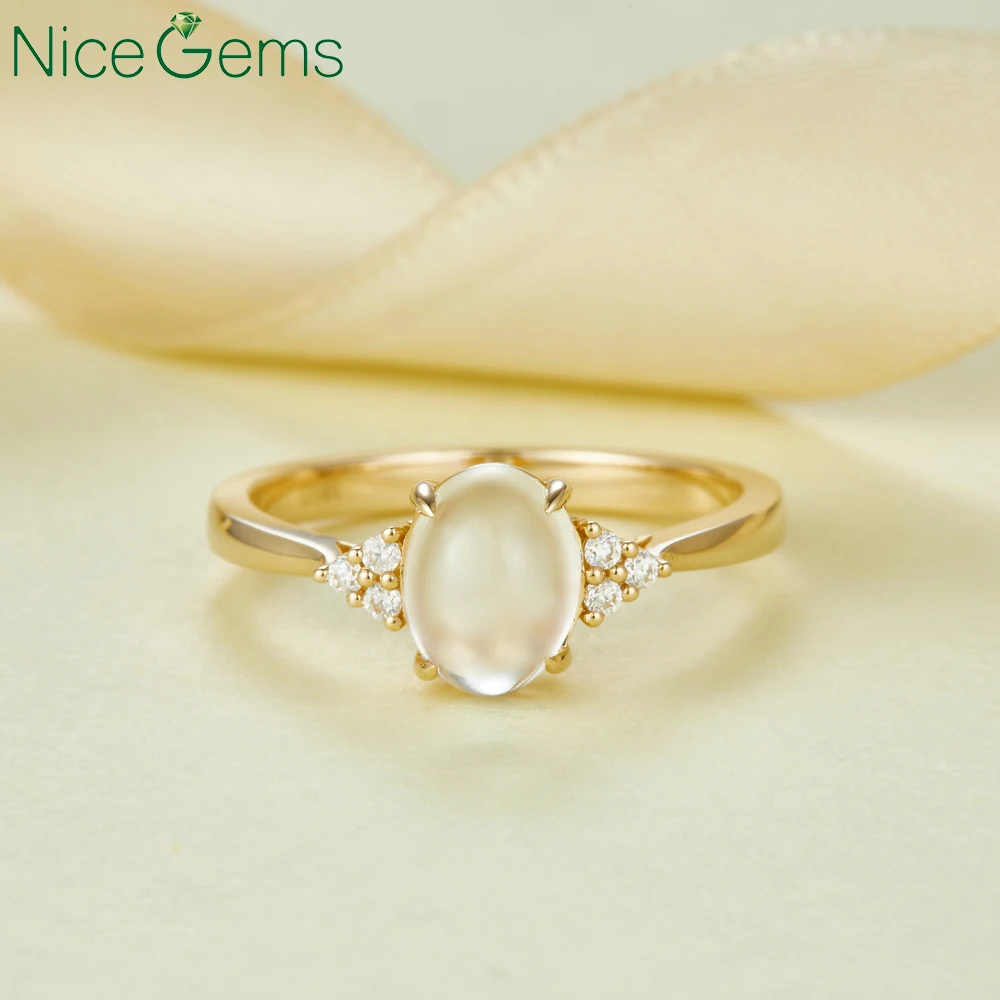 

NiceGems, 14K, желтый золотой центр, 6*8 мм, натуральный лунный камень, фотоэлемент с бриллиантовым кластером, кольцо для свадьбы, годовщины