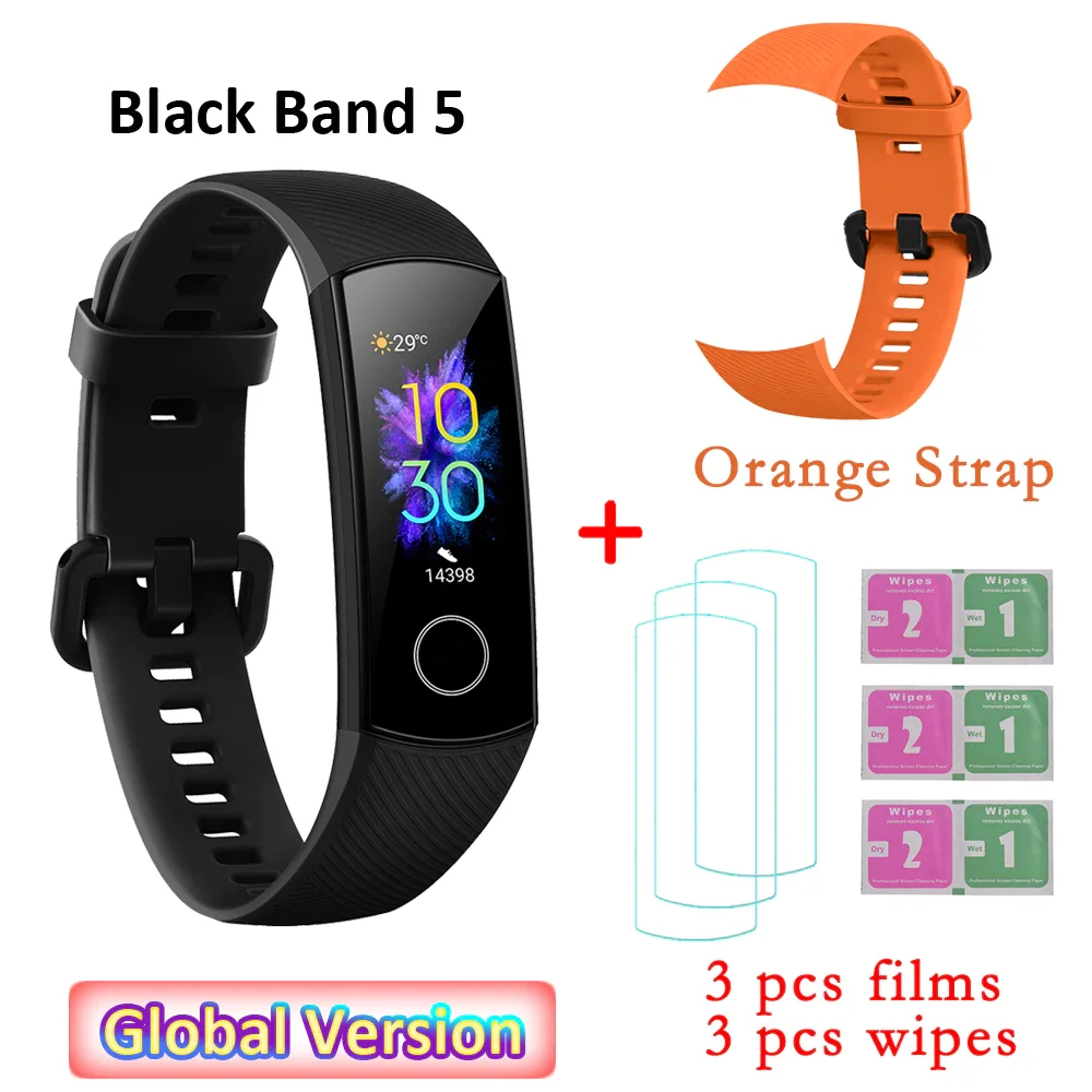 Global Versio huawei Honor Band 5 4, умный Браслет, умный браслет, шагомер, сенсорный экран, для плавания, сердечного ритма, сна, монитор - Цвет: C  strap and 3 films