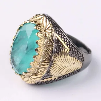 

Handmade Mens Silver Paraiba Tourmaline Ring, Man 925 Silver Handmade 18 K Gold Plated Oval Blue Paraiba Tourmaline Ring