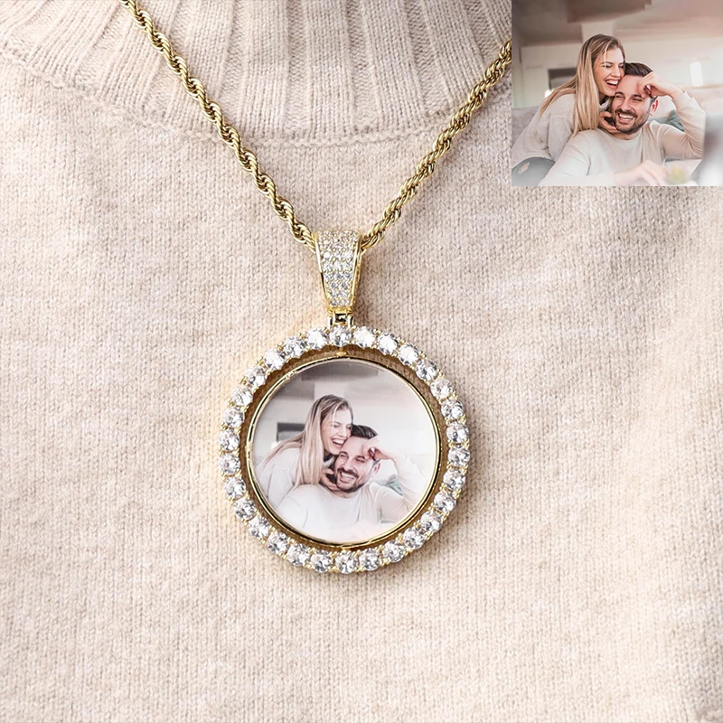 Customized Rotating Double-sided Picture Pendant Gold Plated Micro Inlaid Zircon Memory Photo Custom Hip Hop Jewelry a6 single sided slanted plastic sign holder stand table menu paper card holder stand photo picture poster frame