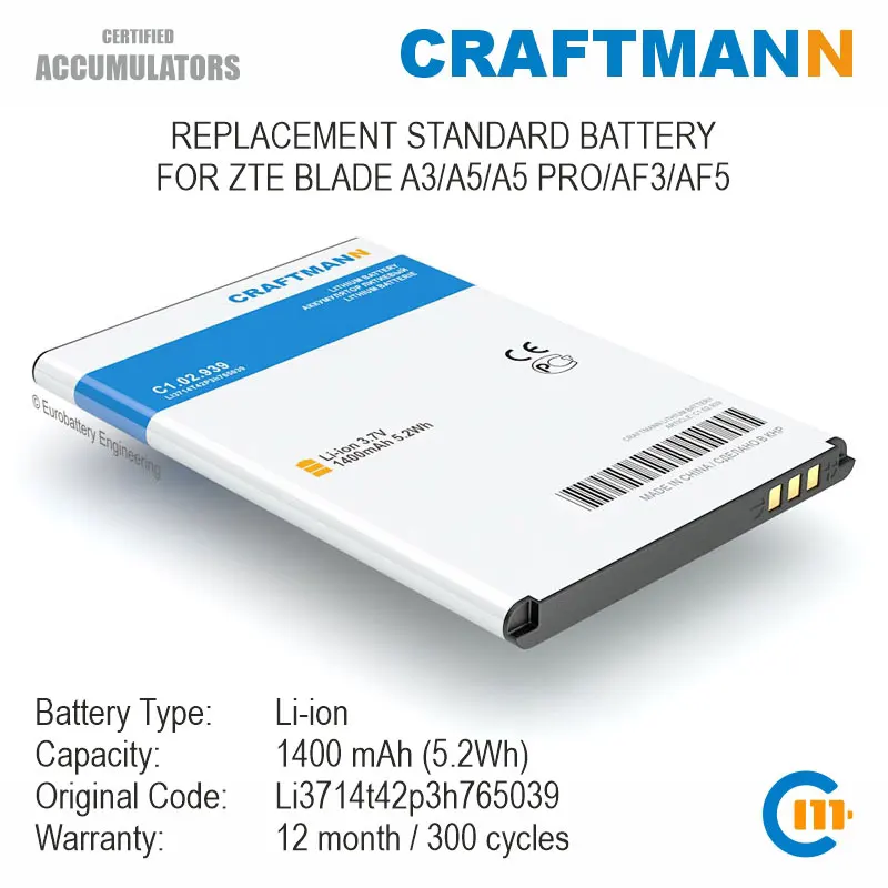 Аккумулятор Craftmann 1400 мАч для ZTE BLADE A3/A5/A5 PRO/AF3/AF5 (Li3714t42p3h765039) | Мобильные телефоны и