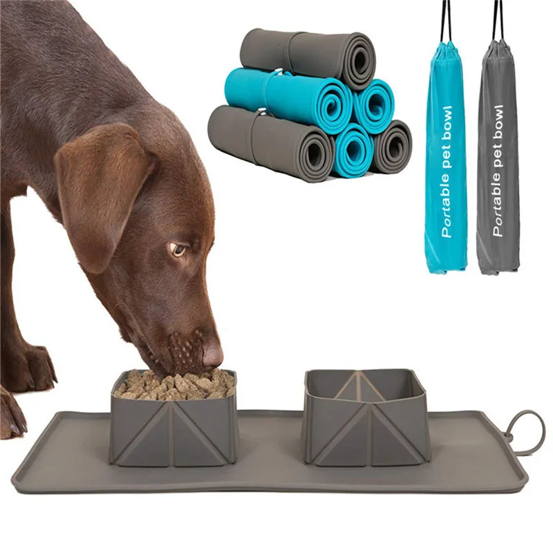 Cuencos de viaje para perros y mascotas, cuenco plegable de silicona, antideslizante, doble cuenco, bolso de franela, para exteriores
