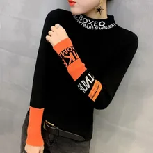 Knitted Tops Pullovers Tight Sweater Turtleneck Thin Long-Sleeve Harajuku Black Letter