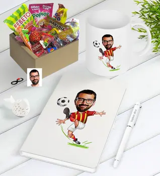 

Personalized Yellow Red Soccer Player Caricature Of Nostalgic Lezzetler Notebook Pen Mug Gift set