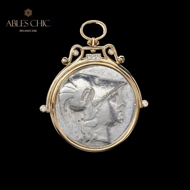 

Byzantine 18K Gold Athena Authentic Ancient Greece Coin Diamond 0.11ct Reversible Medallion Pendant Only