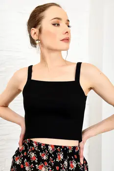 

Trend Alacati Style Women Black Ribbed Crop Top Blouse ALC-X3955