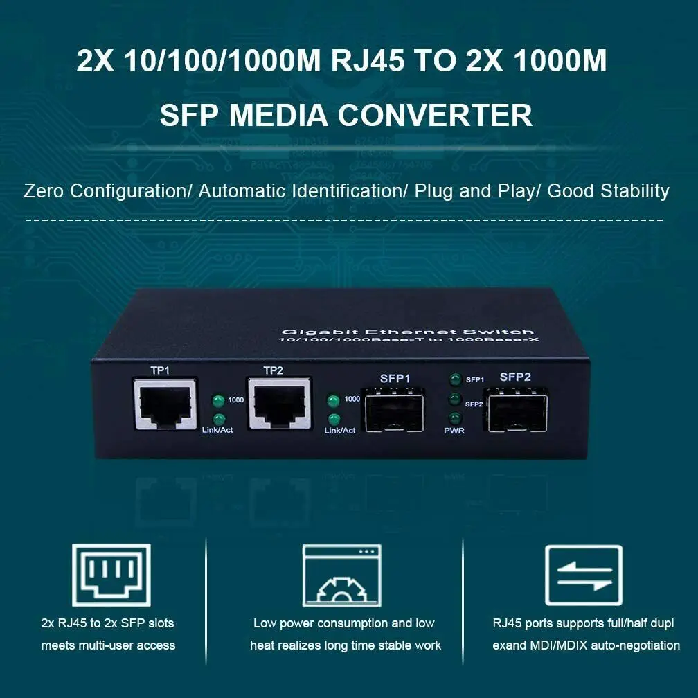 1.25G Desktop Fiber Switch/Media Converter 4-Port 2x SFP and 2x RJ-45 Ports