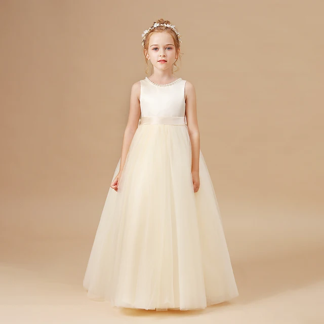 Kids Princess Dress Wedding Flower Girl Dress Children Prom Ball Gown Party Long Dress Sleeveless Bow Birthday Party Dress As picture