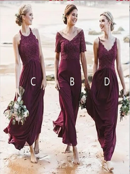 

2020 Latest Mix Match Wine Red Lace Bridesmaid Dresses Long With Short Sleeves Maid Of Honor Dress Plunge V Neckline