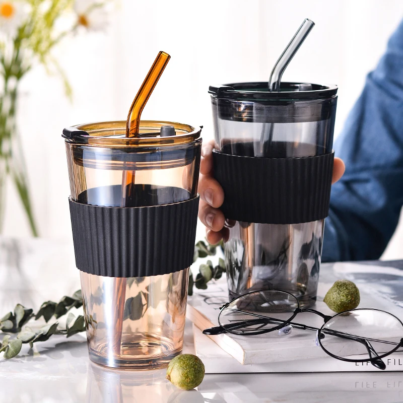 Glass Straw Cup With Thermal Insulation Cover 350/450ml Portable Coffee  Milk Tea Juice Reusable Glass Office And Household - AliExpress