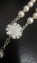 Perla de imitación de cuentas católica Rosario Católico comunión color plata alas colgantes del Crucifijo pulsera lindo regalo