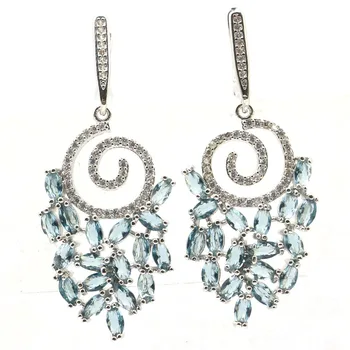 

51x20mm Luxury Long Big Created London Blue Topaz CZ For Sister Present Silver Earrings