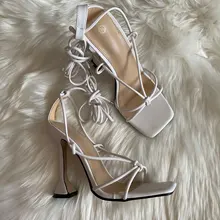 Aneikeh de verano zapatos de mujer Sandalias, de la Pu de moda Cruz-atado tacones de encaje fiesta bombas tamaño 35- 42 albaricoque blanco negro