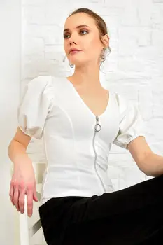 

Trend Alacati Style Women Zipper Detail V Neck Handle Shirred Bluz ALC-X3847