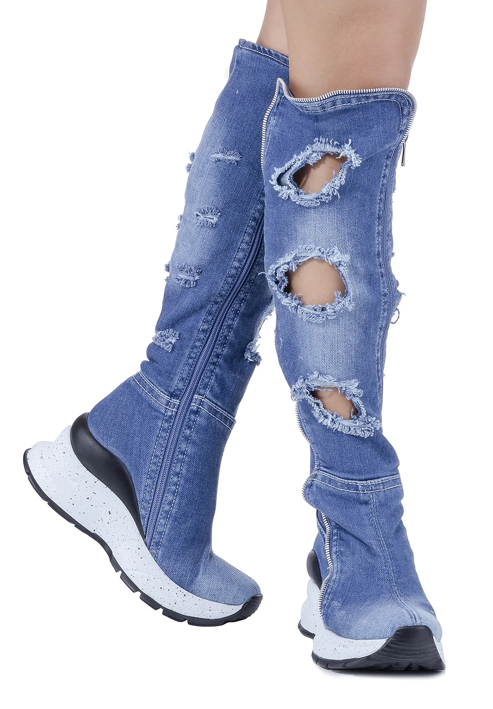 

Handcrafted Denim Boots Blue Torn Pattern Denim Women's Boots Birthday Gift